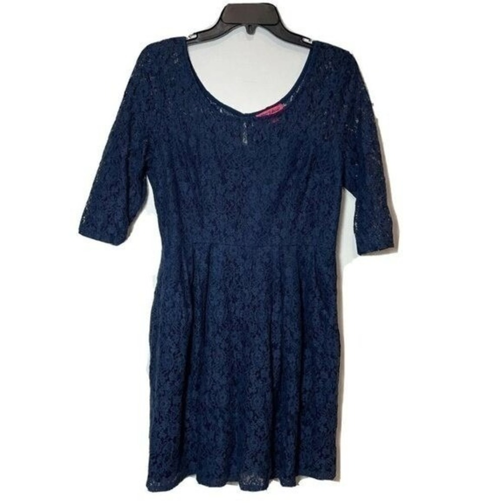 VTG Betsey Johnson Floral Lace Fit & Flare Womens Dress 12 Navy Blue 3/4 Sleeve